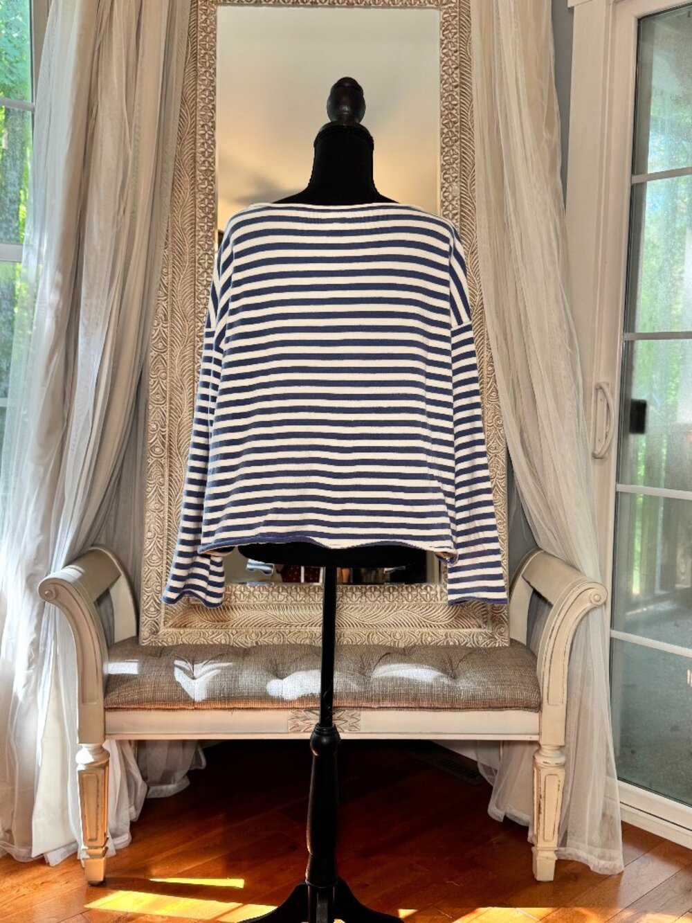 Aerie Blue Cream Striped Oversized Boat Neck Sweater Top M - Picture 3 of 13